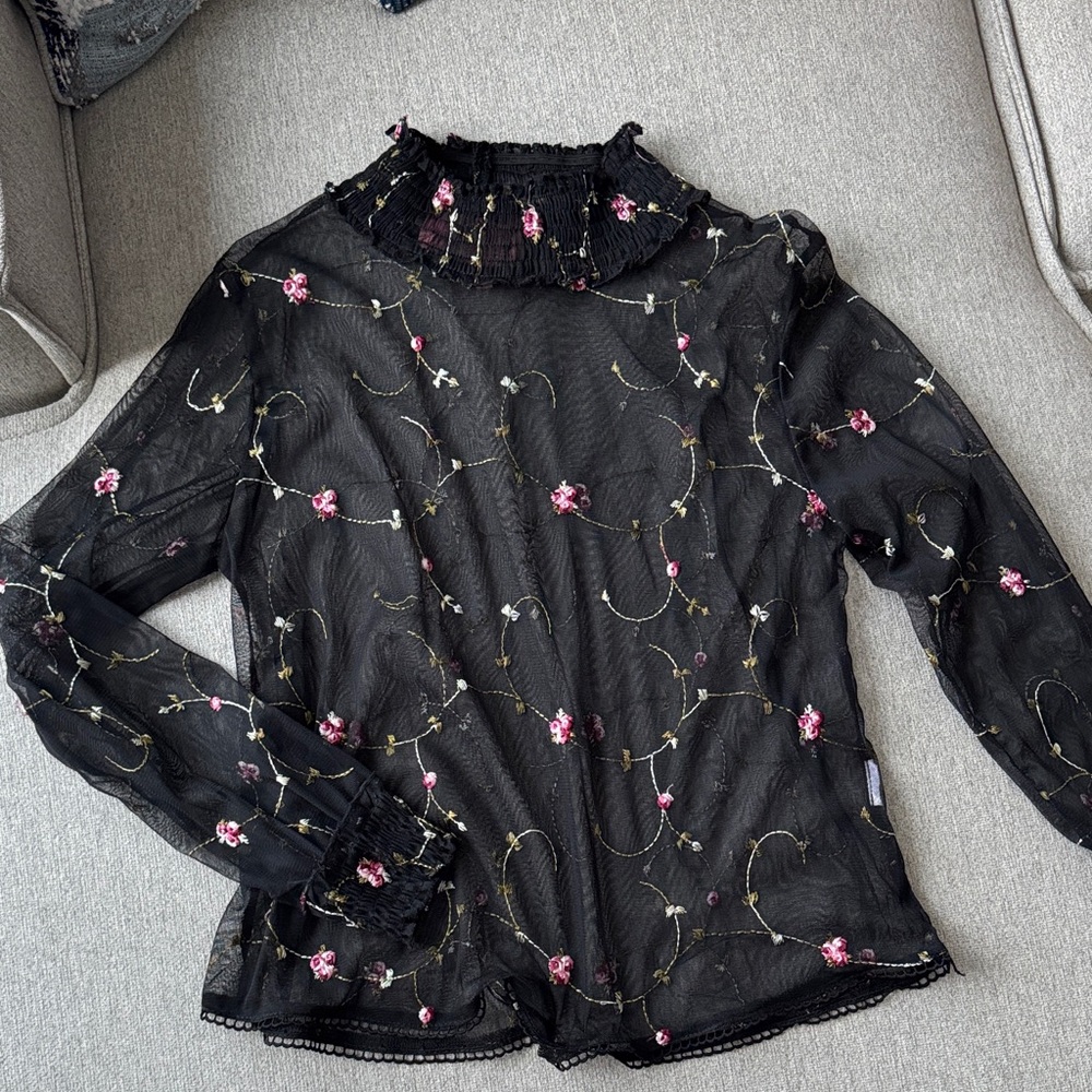 Amuse Society Black Sheer Floral Blouse